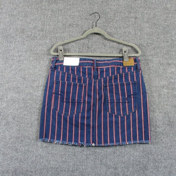 American Eagle Skirt Womens 12 Blue Red Striped Denim Jean Mini Stretch Raw Edge - Picture 2 of 13